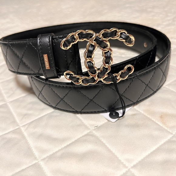 CHANEL ❤️‍?BLACK QUILTED NEW CC LOGO GOLD BUCKLE BELT size 85 main image 5